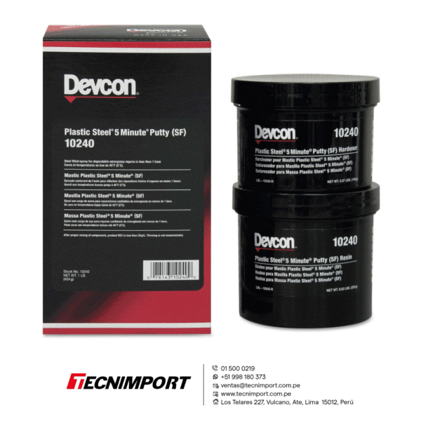 DEVCON PLASTIC STEEL 5-MIN PUTTY (SF) 10240 RESINA DE ACERO DE FRAGUADO RÁPIDO resistente al desgaste para efectuar reparaciones de emergencia a temperaturas bajas de hasta 4°C.